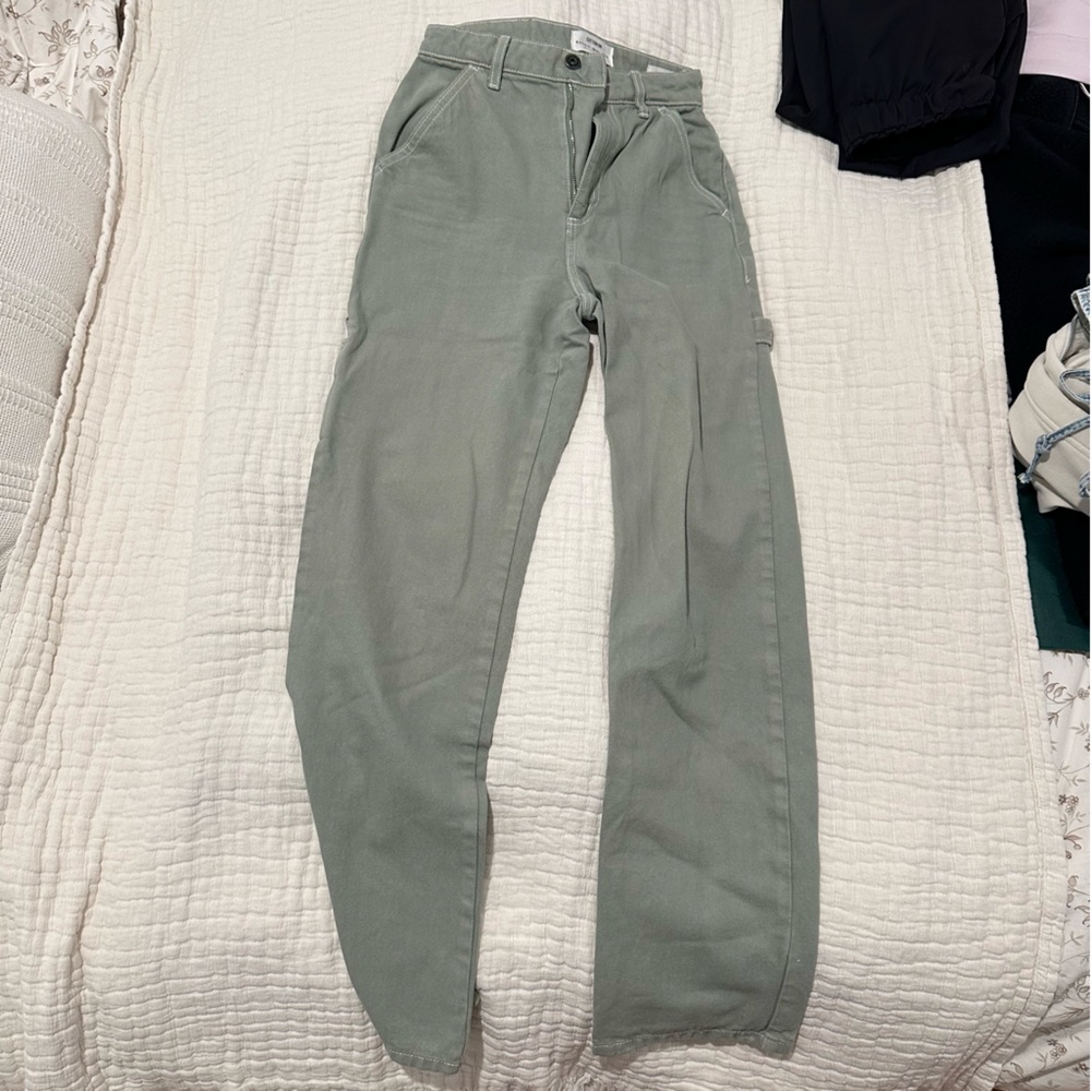 Cotton:On Sage Green White Stitch Carpenter Jean High Rise Straight Leg
